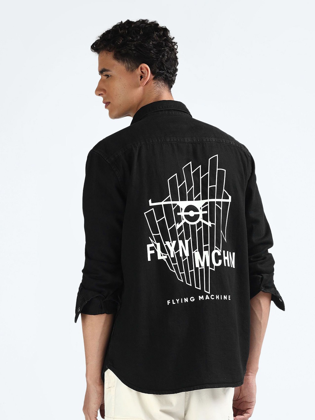 

Flying Machine Men Cutaway Collar Typography Printed Cotton Casual Shirt, Black