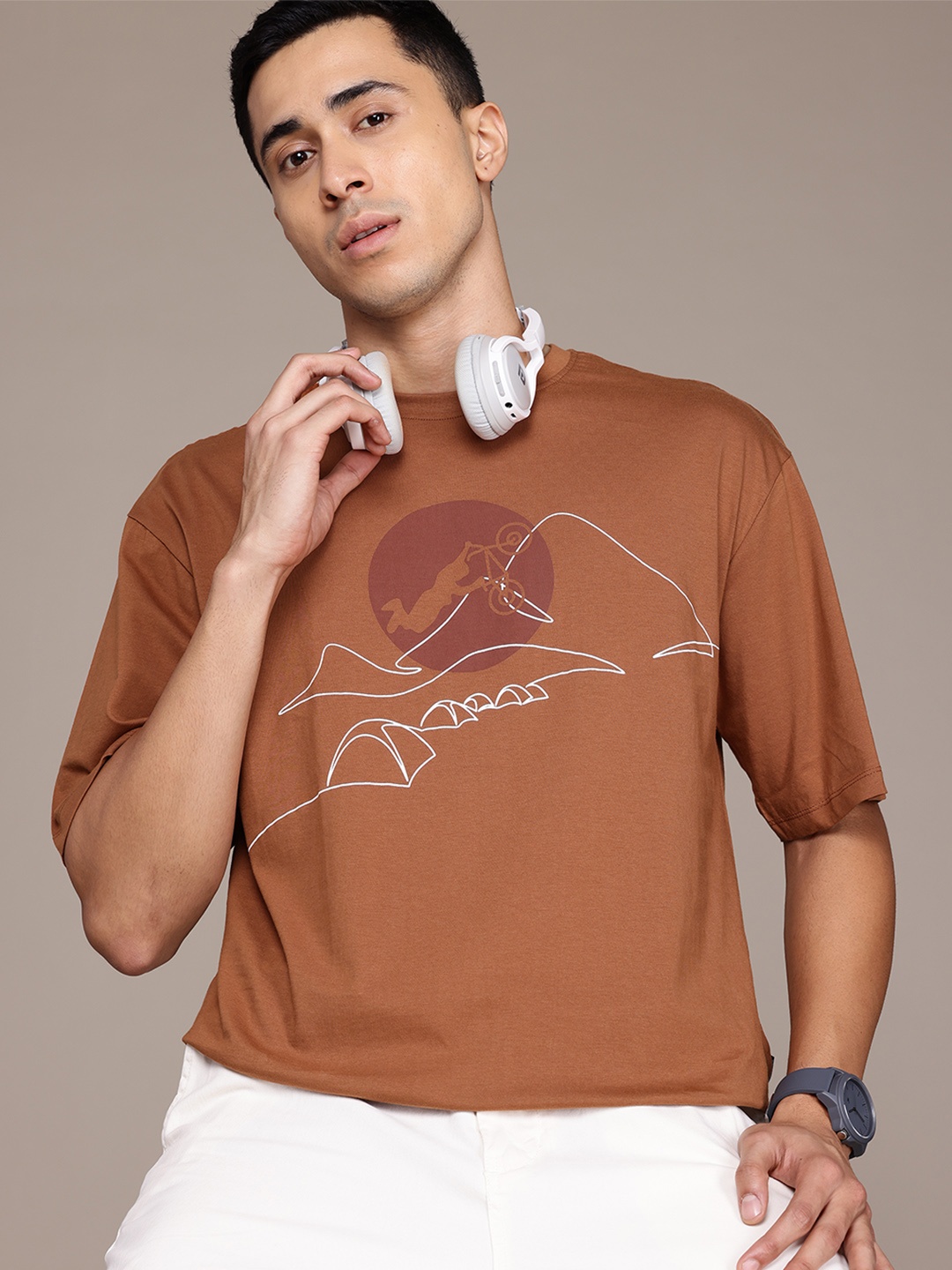 

The Roadster Lifestyle Co. Printed Pure Cotton Relaxed Fit T-shirt, Rust