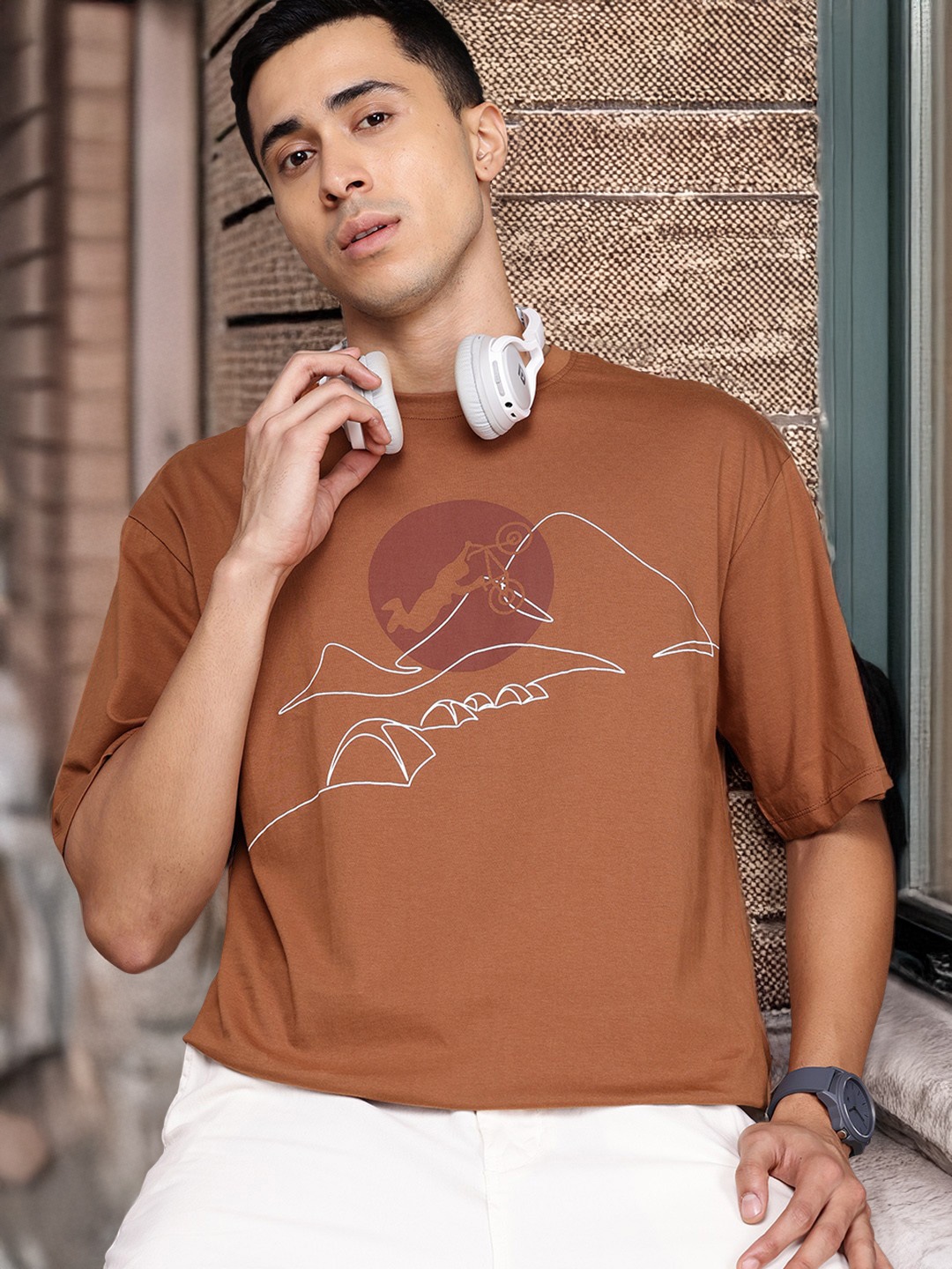 

The Roadster Lifestyle Co. Printed Pure Cotton Relaxed Fit T-shirt, Rust