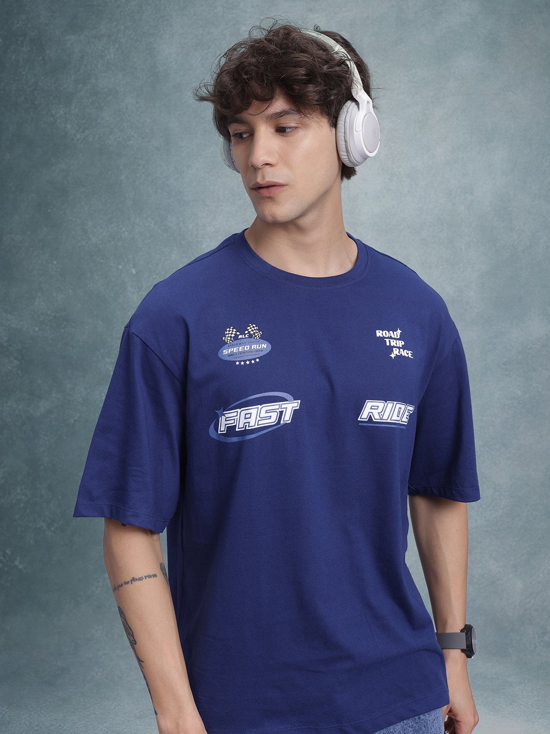 

The Roadster Life Co. Typography Print Relaxed Pure Cotton T-shirt, Navy blue