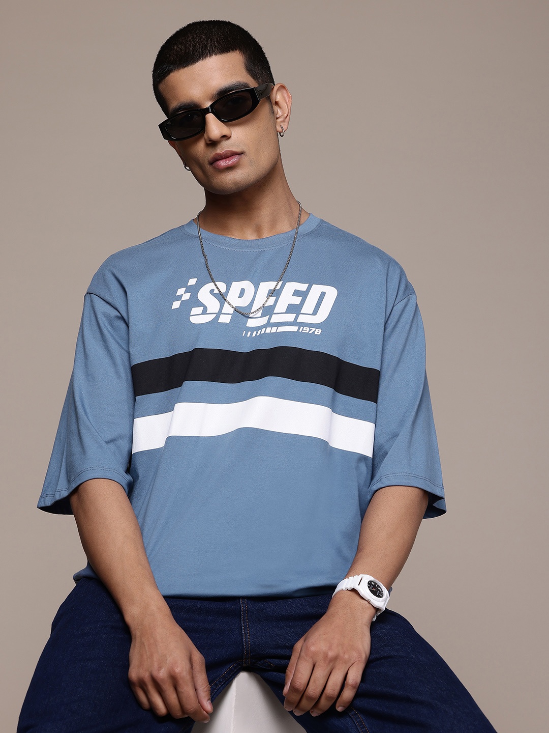 

The Roadster Lifestyle Co. Men Striped Pure Cotton Oversized T-shirt, Blue