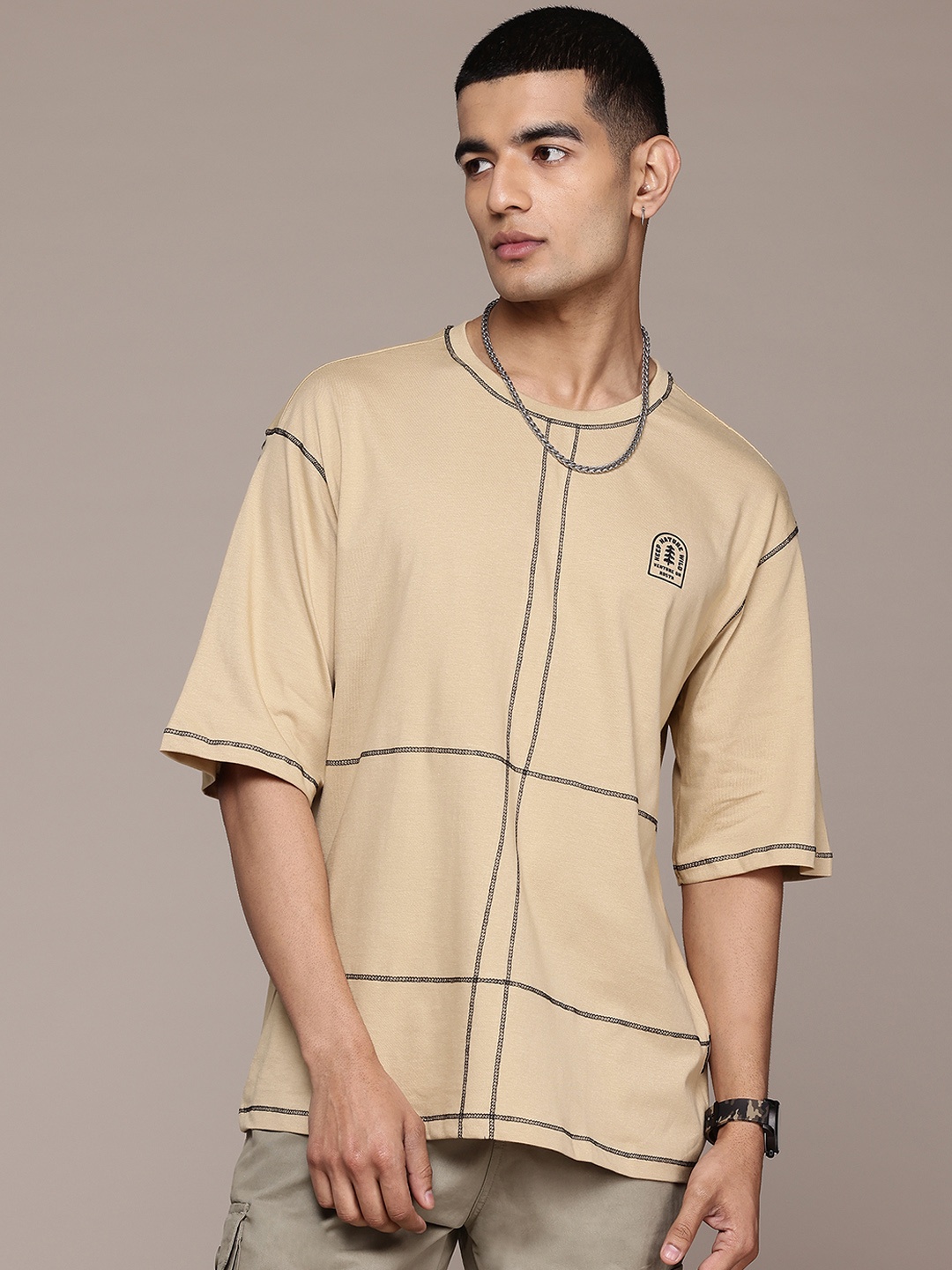 

The Roadster Lifestyle Co. Drop-Shoulder Sleeves Raw Edge Oversized Pure Cotton T-shirt, Beige
