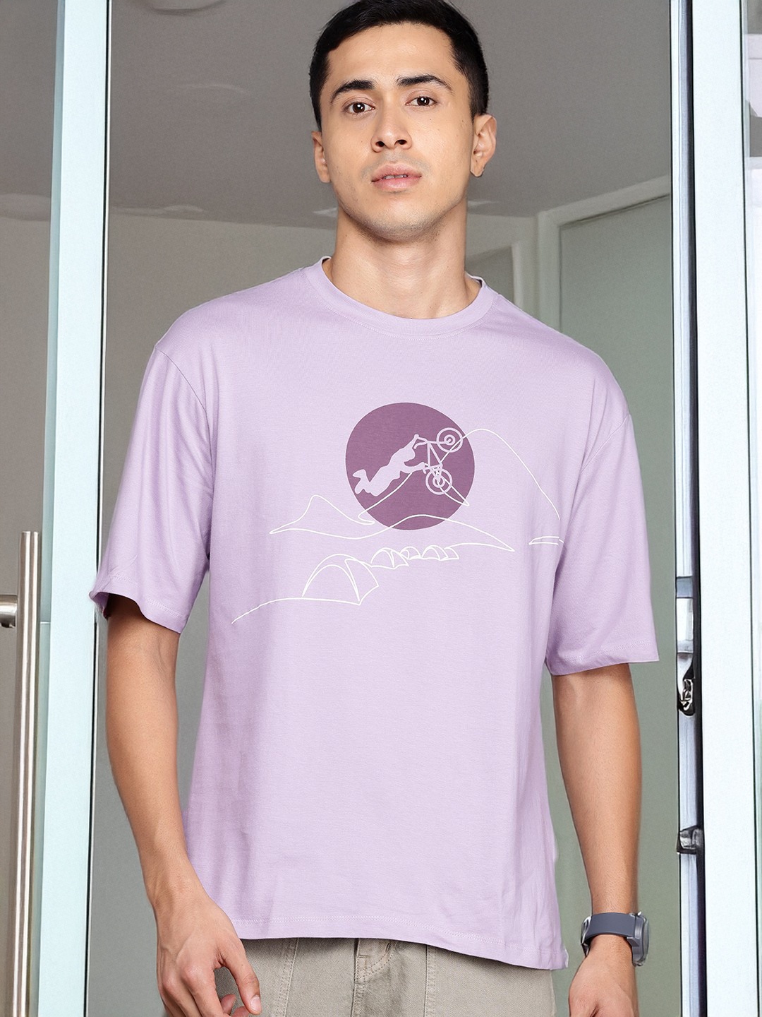 

The Roadster Lifestyle Co. Printed Pure Cotton Relaxed Fit T-shirt, Lavender