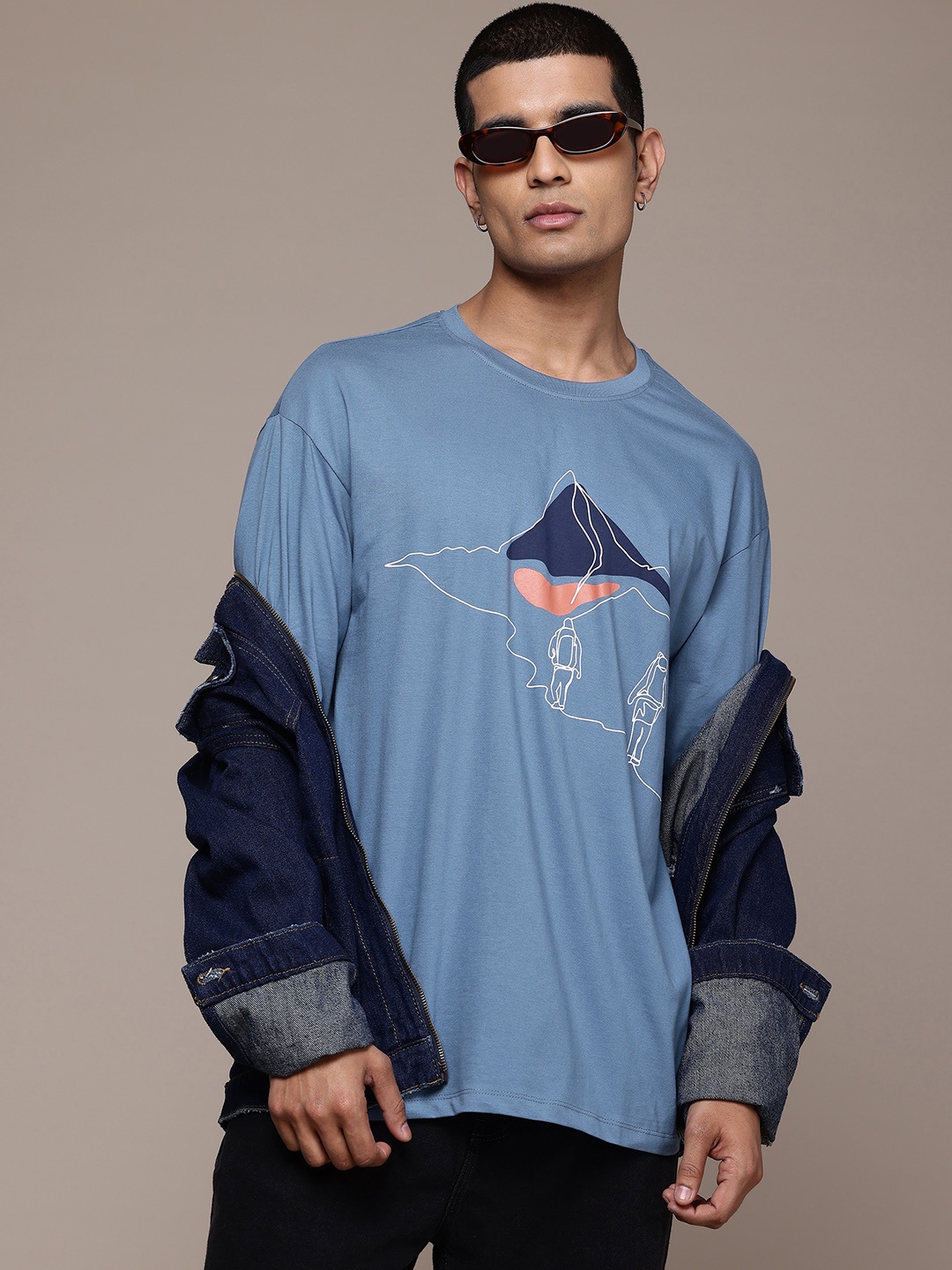 

The Roadster Lifestyle Co. Printed Drop-Shoulder Sleeves Pure Cotton Oversized T-shirt, Blue