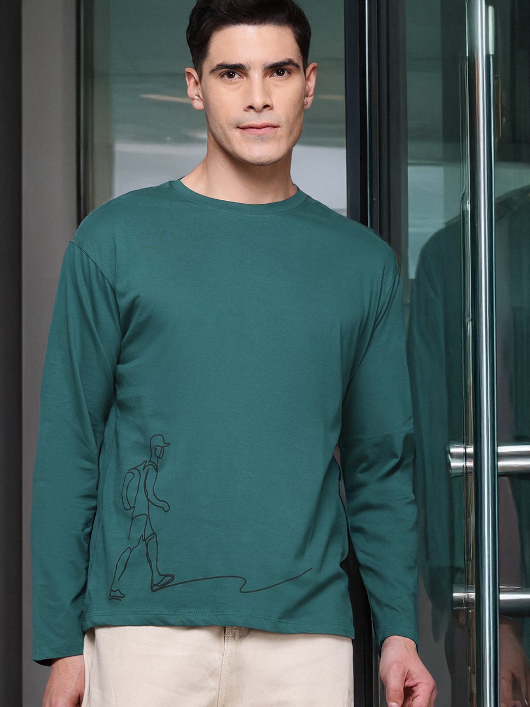 

The Roadster Lifestyle Co. Graphic Print Drop-Shoulder Sleeves Pure Cotton T-shirt, Green