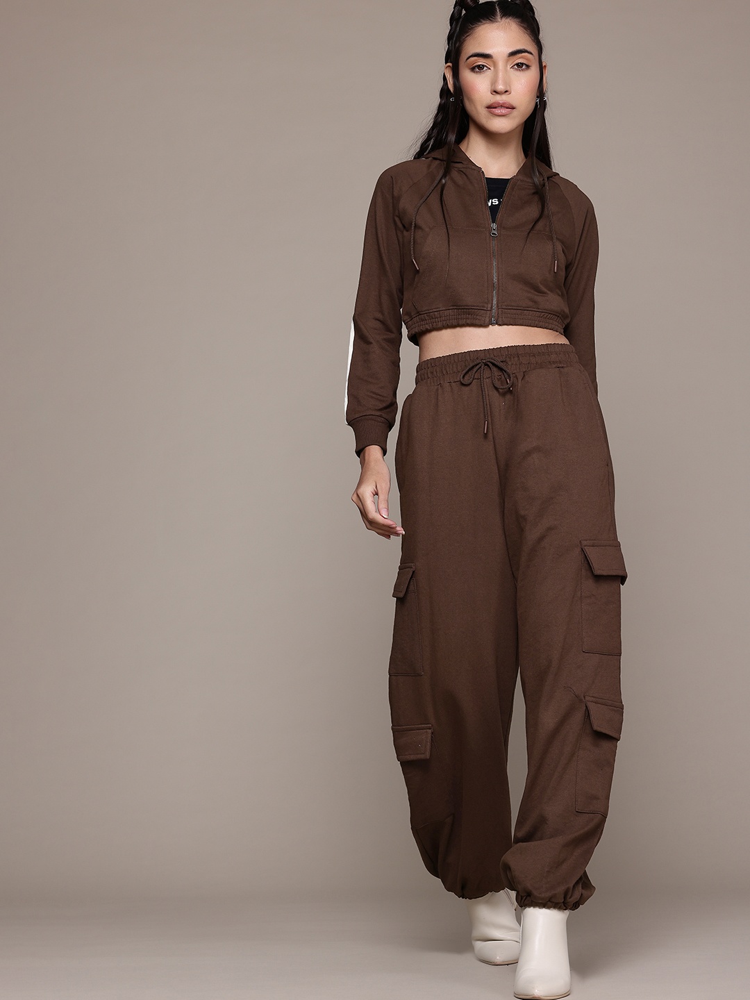 

The Roadster Lifestyle Co. Crop Sweatshirt with Trousers Co-Ord Set, Brown