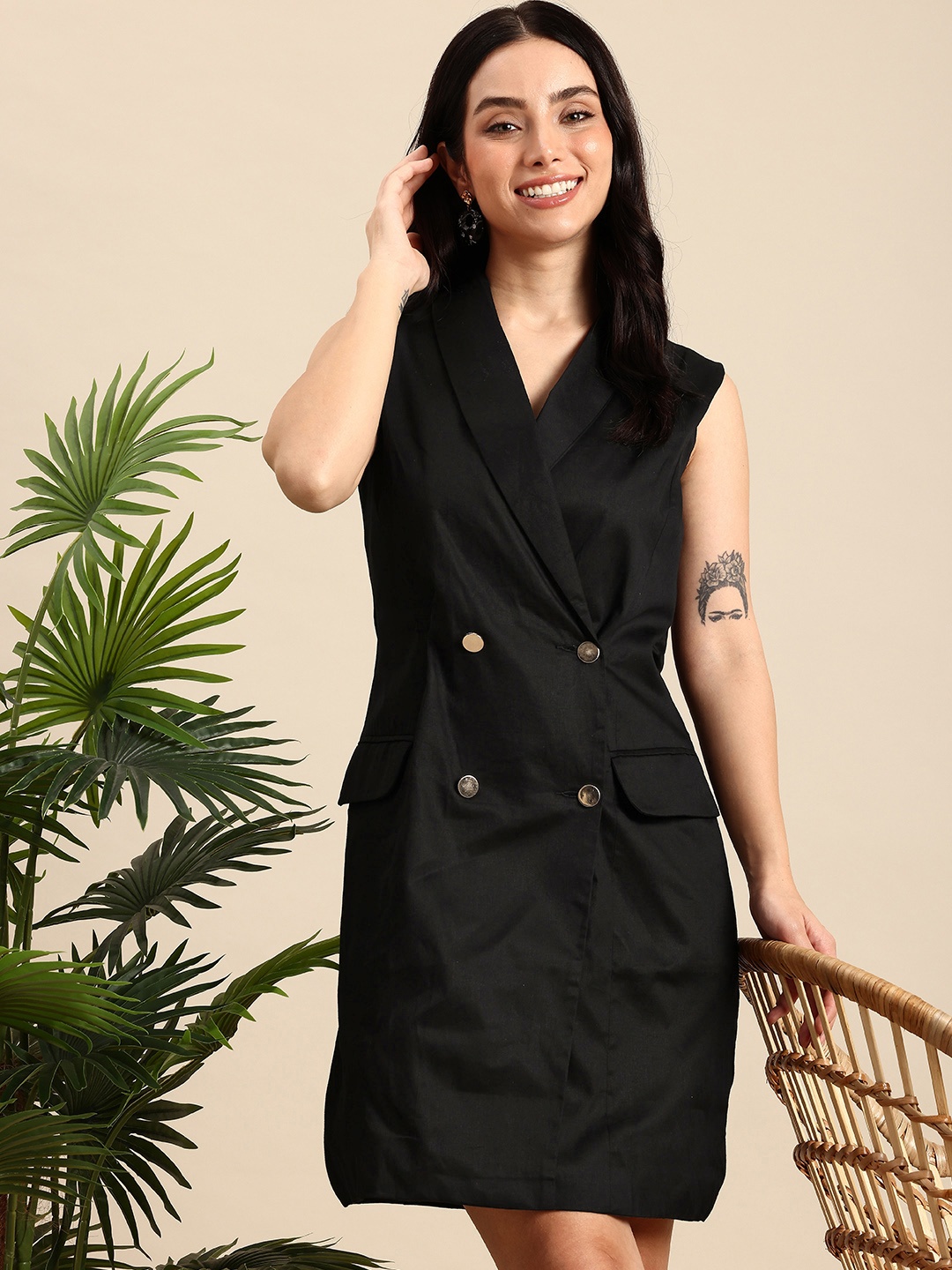 

Mast & Harbour Pure Cotton Shawl Collar Sleeveless Blazer Dress, Black