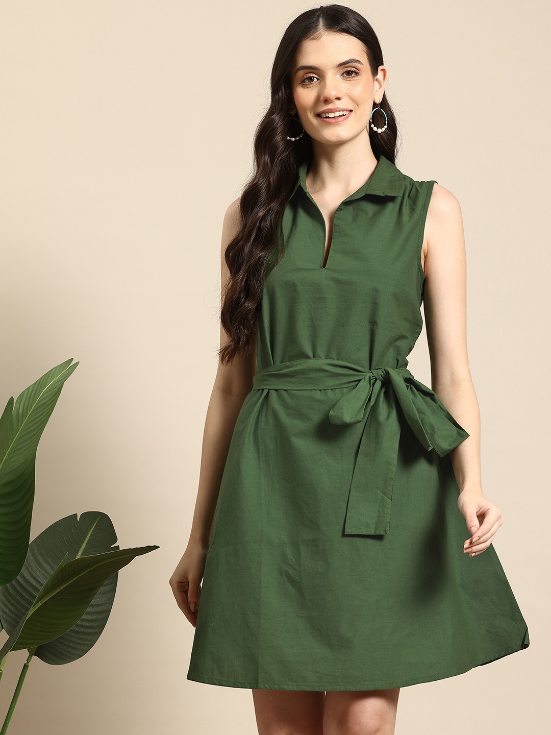 

Mast & Harbour Shirt-Style Cotton Dress, Green