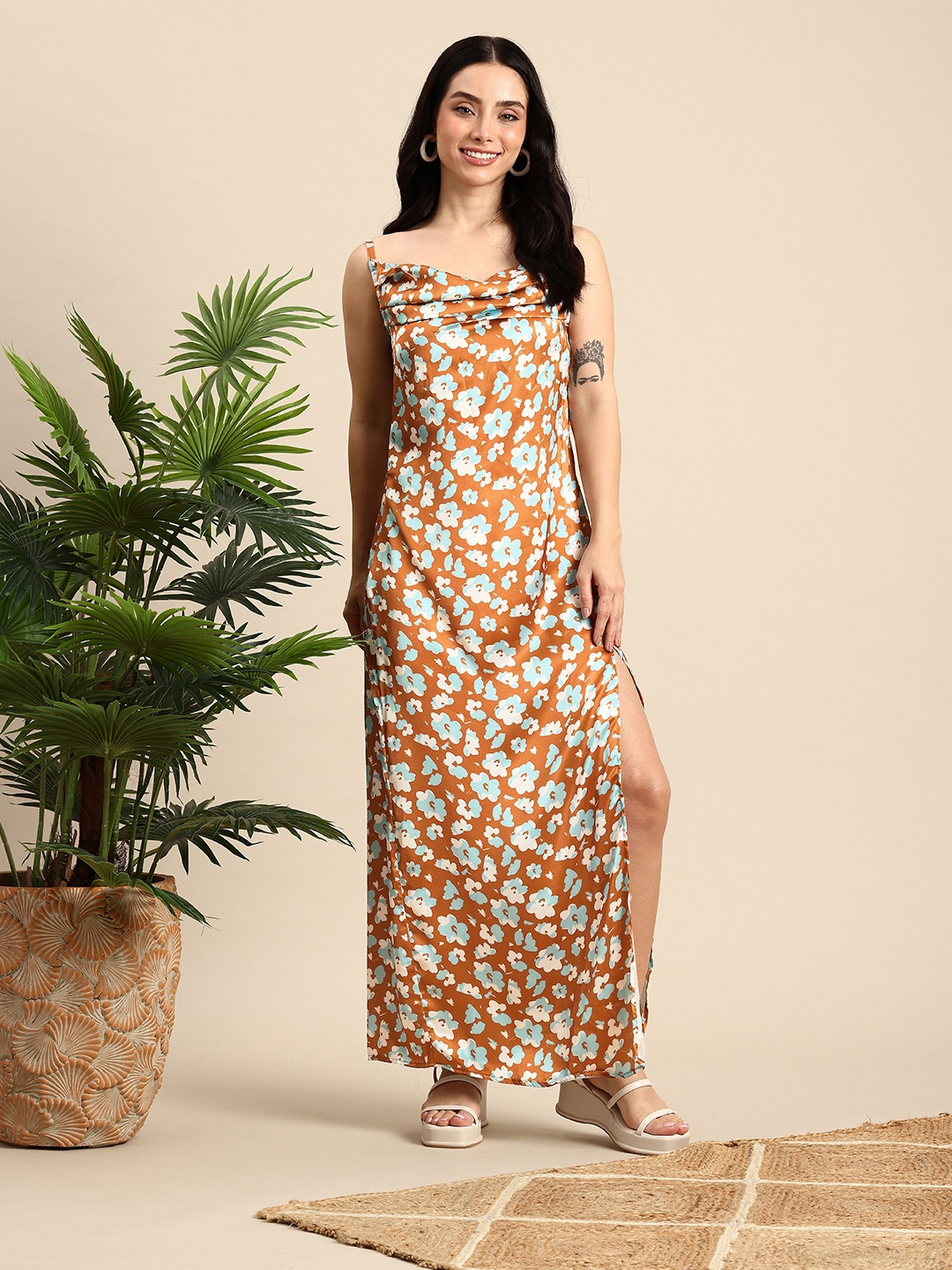 

Mast & Harbour Floral Printed Shoulder Straps High Slit Satin Maxi Dress, Brown