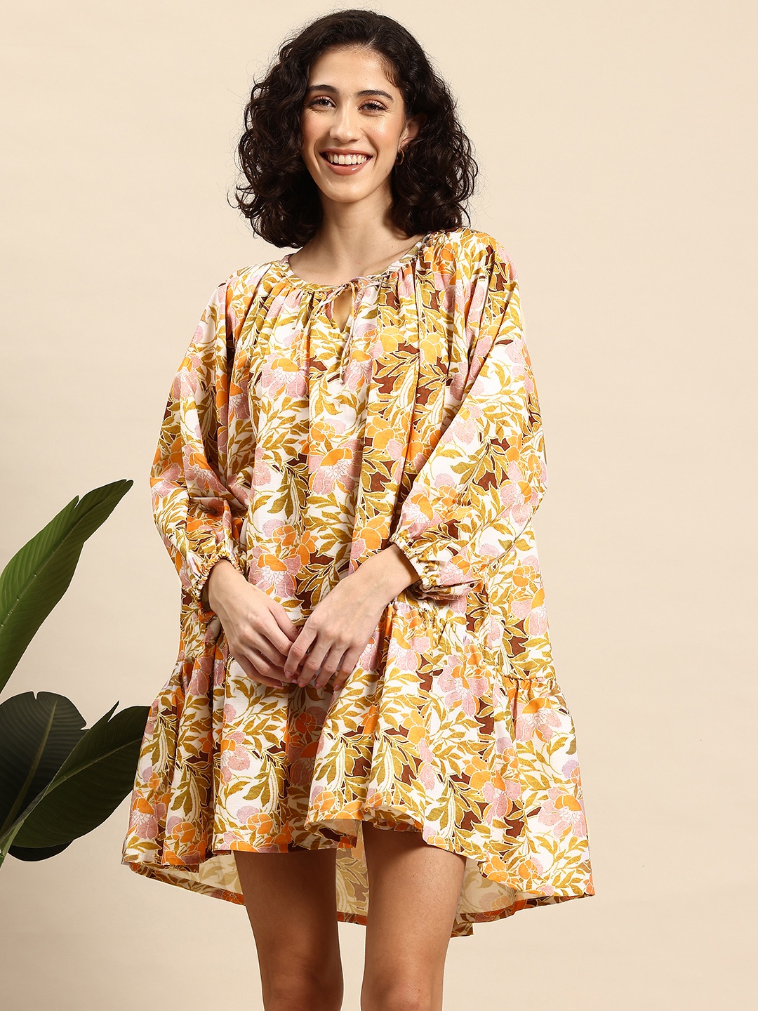 

Mast & Harbour Floral Print Tie-Up Neck Drop-Waist Mini Dress, Mustard