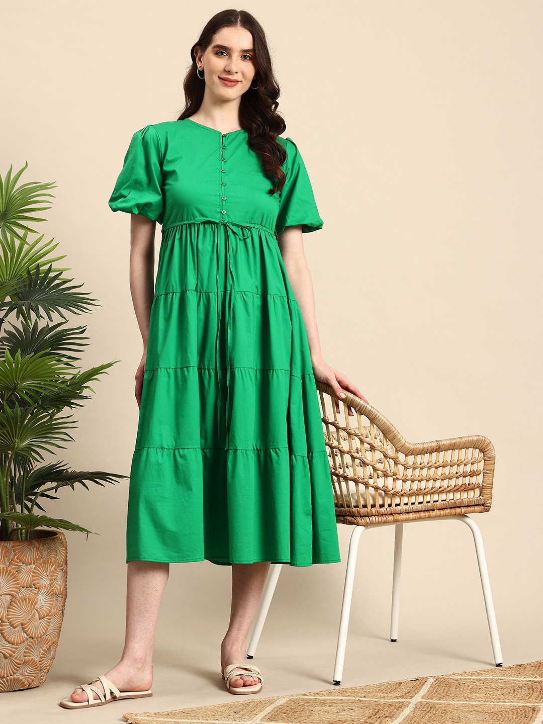 

Mast & Harbour Puff Sleeve Tiered A-Line Midi Dress, Green