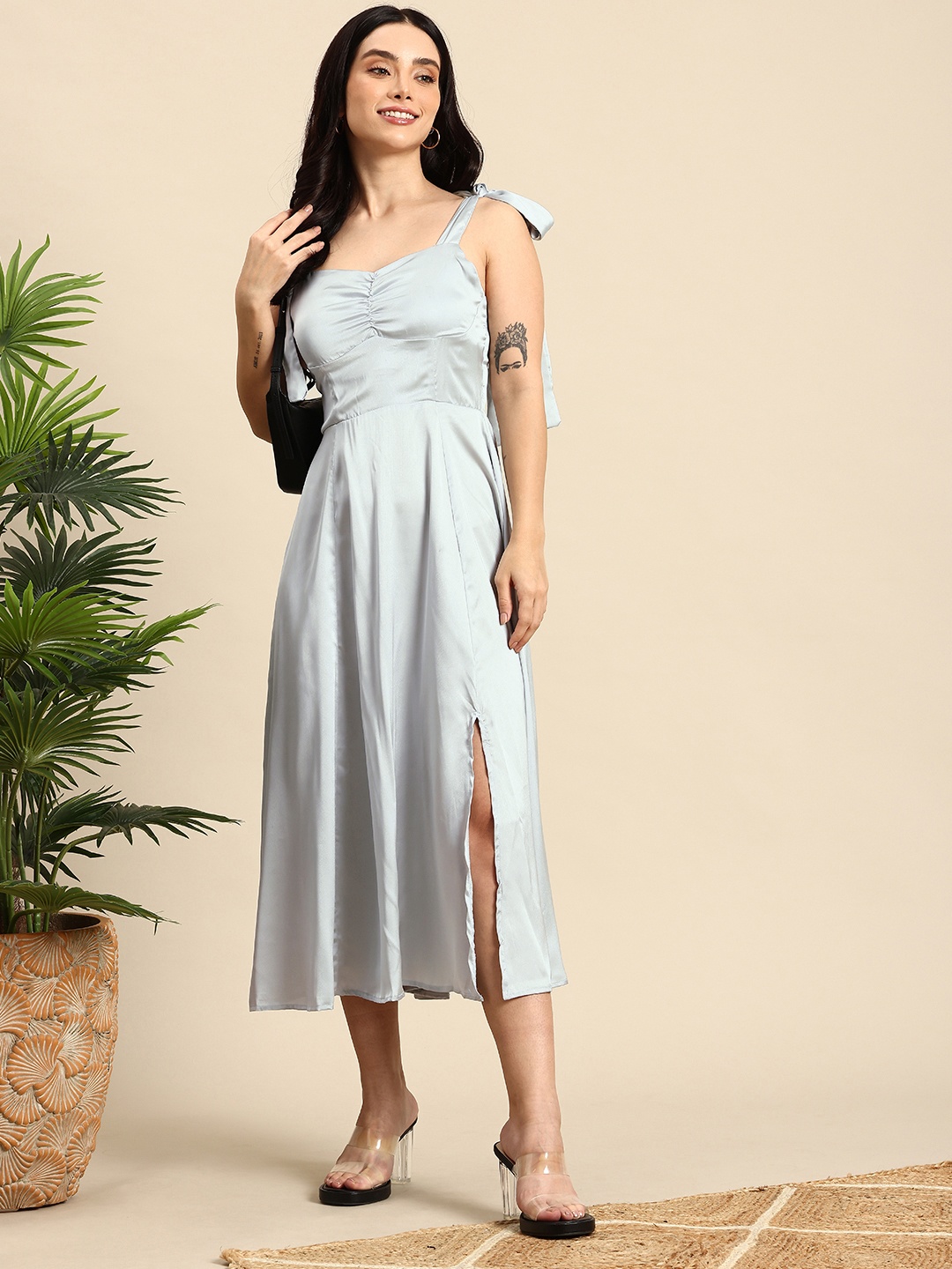 

Mast & Harbour Gathered Detailed A-Line Midi Dress, Grey