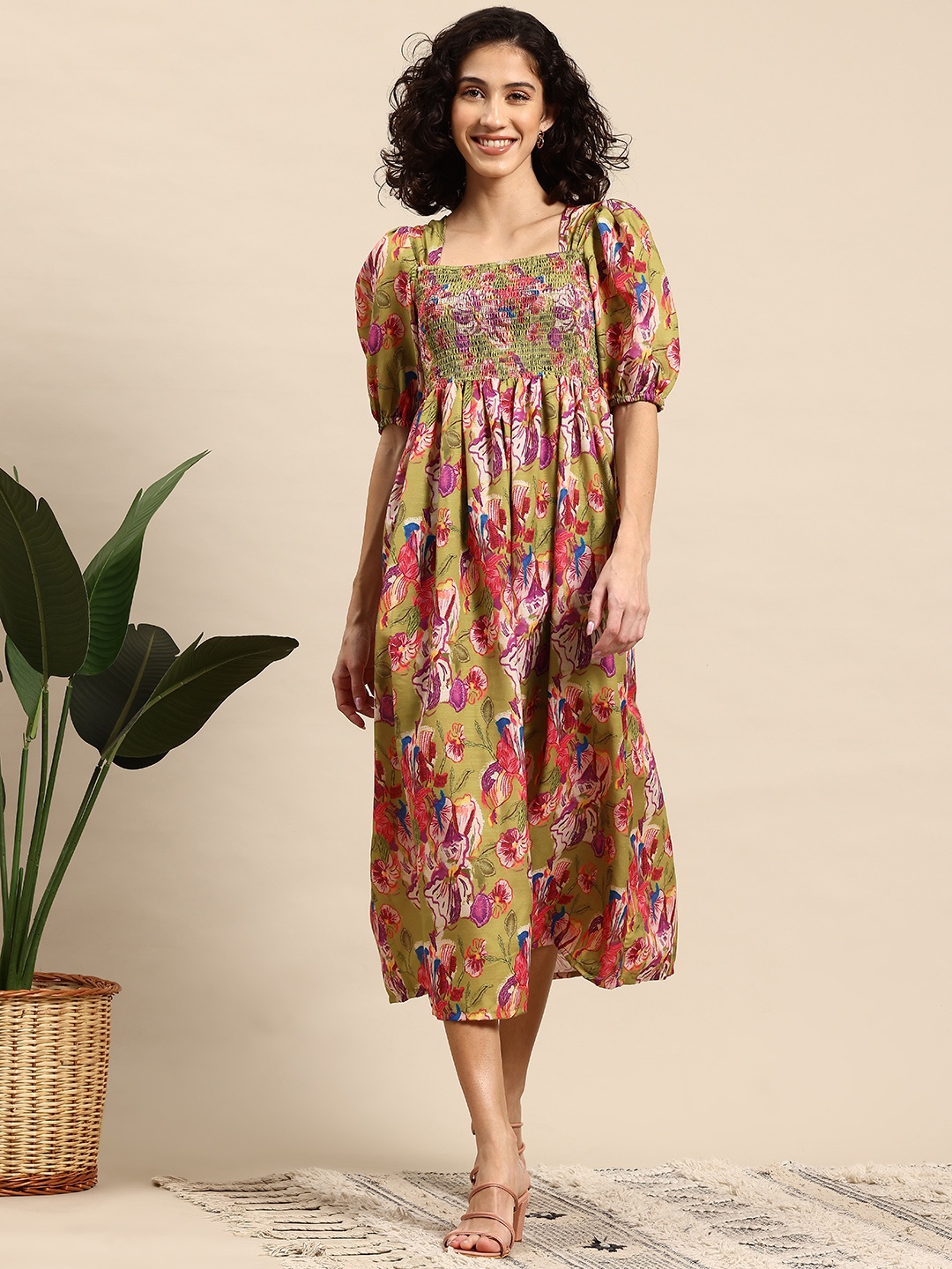 

Mast & Harbour Floral Print Smock Fit & Flare Midi Dress, Olive