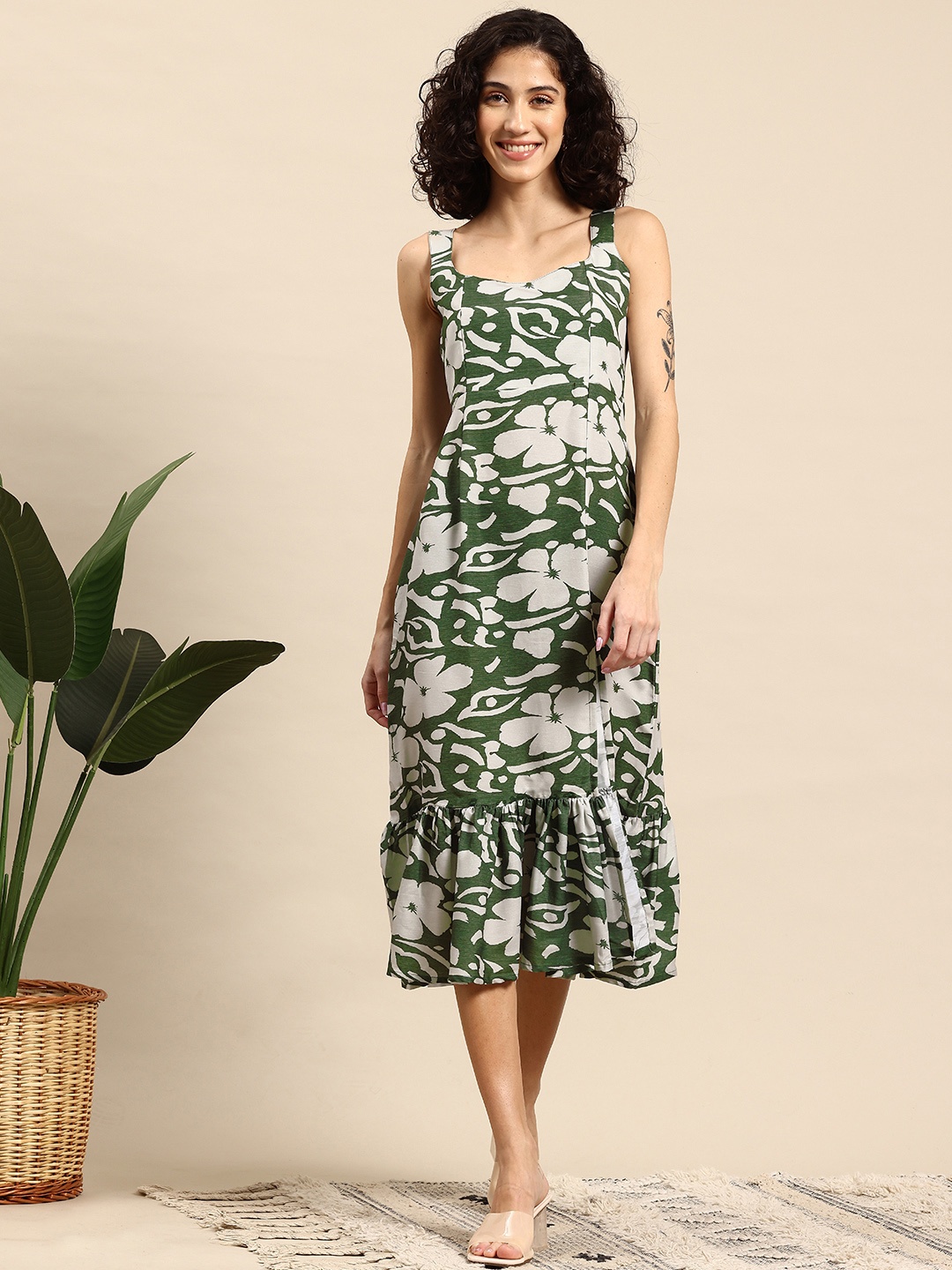 

Mast & Harbour Floral Printed Shoulder Straps Sheath Midi Dress, Green