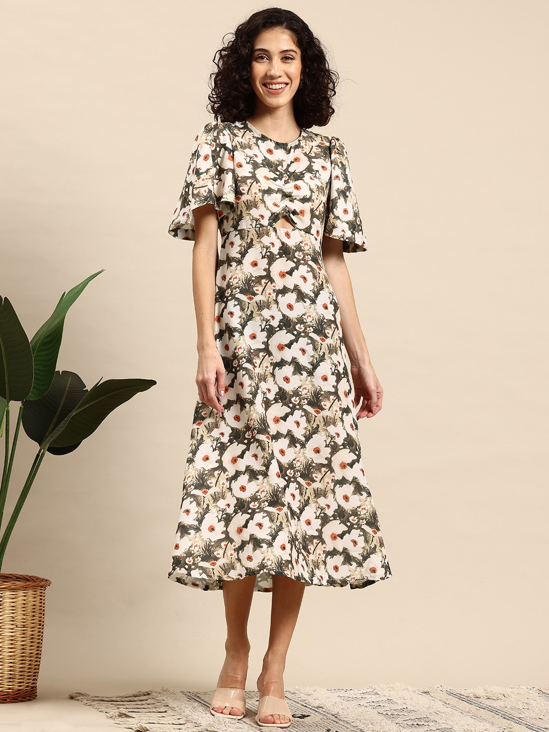 

Mast & Harbour Floral Print Flared Sleeve A-Line Midi Dress, Beige