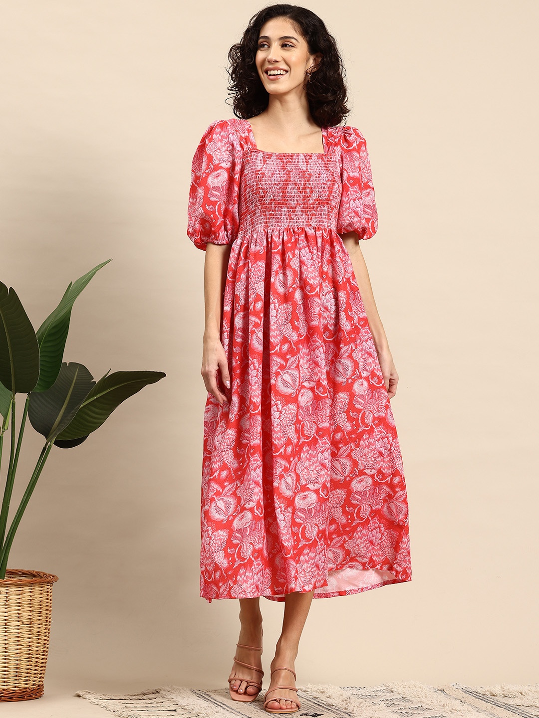 

Mast & Harbour Floral Printed Smocked Fit & Flare Midi Dress, Pink