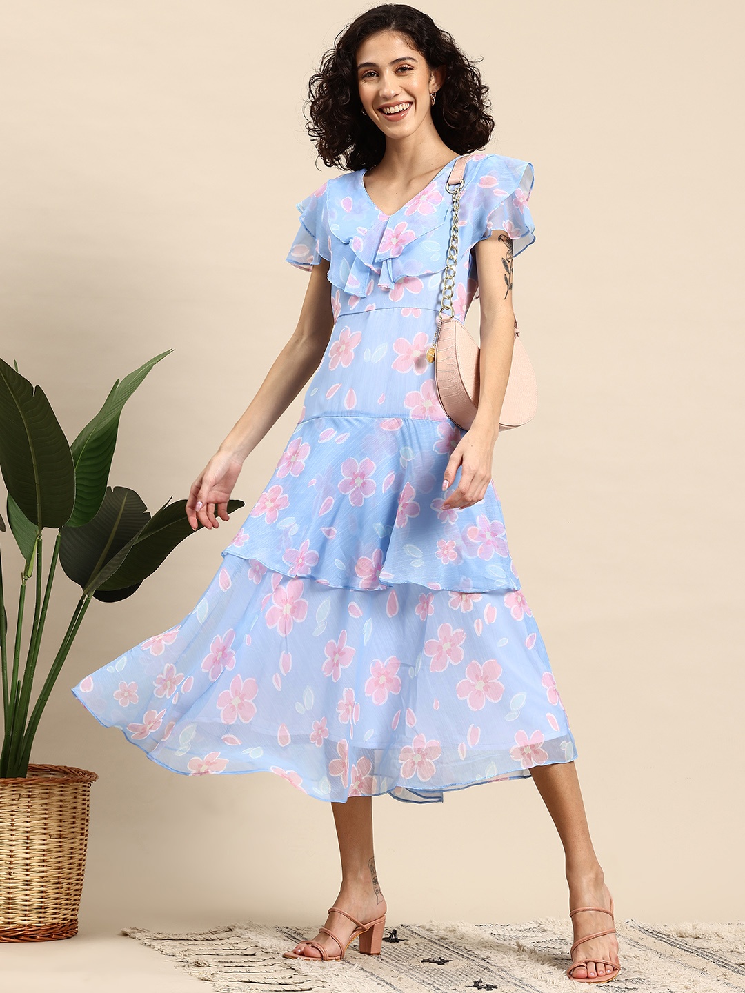 

Mast & Harbour Floral Printed Flutter Sleeve Layered A-Line Midi Dress, Blue