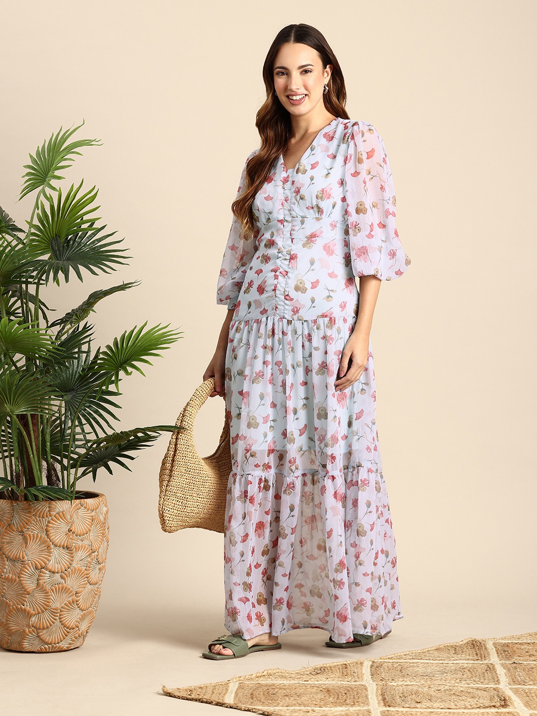 

Mast & Harbour Floral Printed Flared Hem Tiered Maxi Dress, Blue