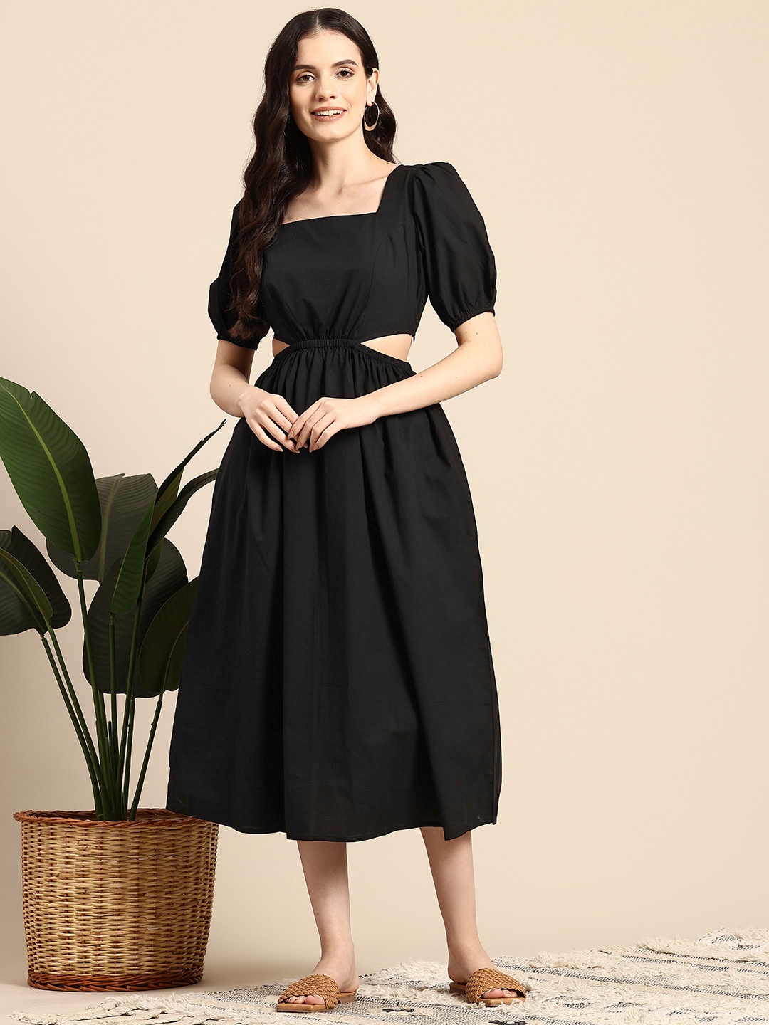 

Mast & Harbour Puff Sleeves Pure Cotton Fit & Flare Midi Dress with Cut-Outs Detail, Black