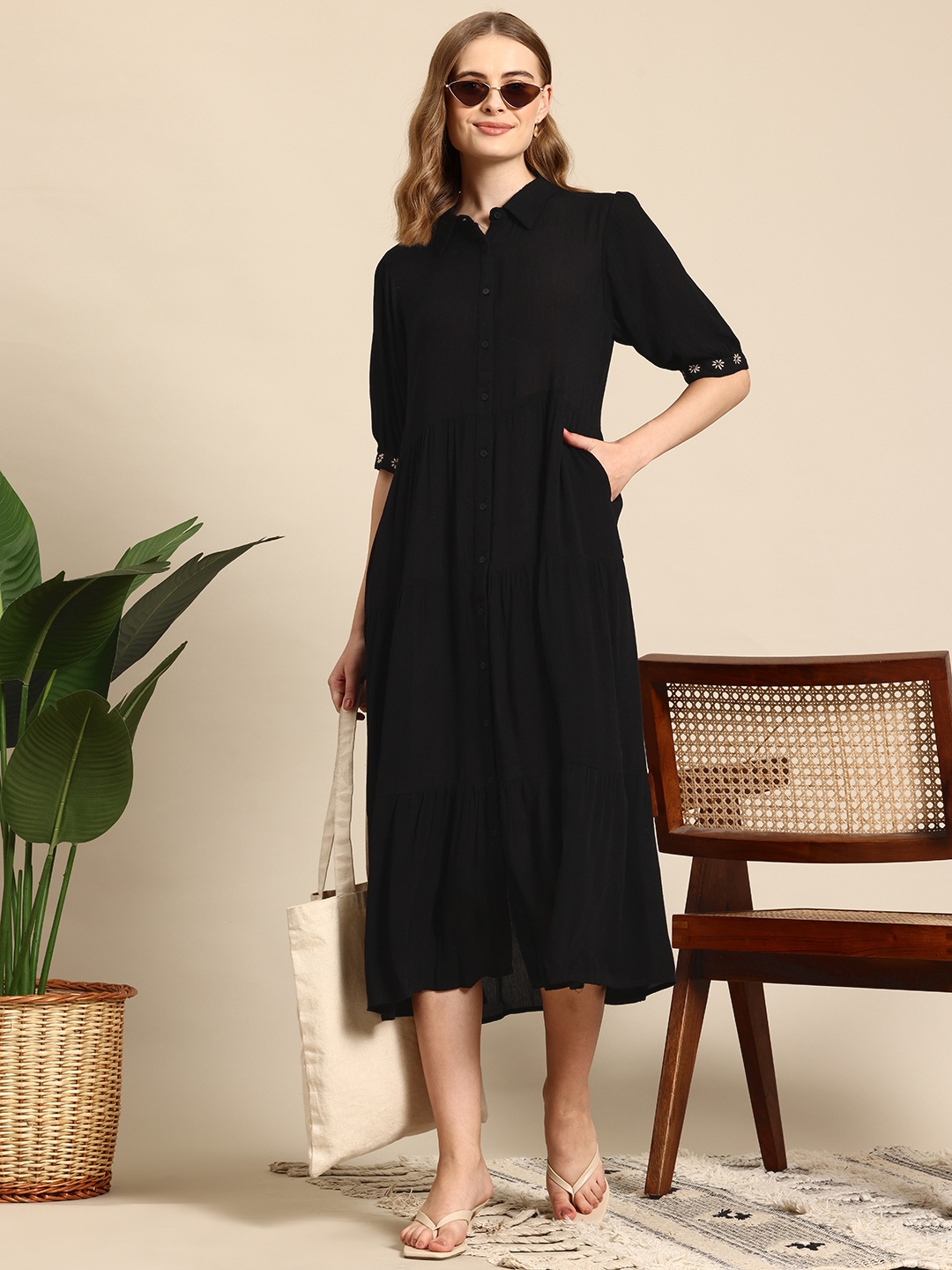 

Mast & Harbour Puff Sleeve Tiered Shirt Maxi Dress, Black