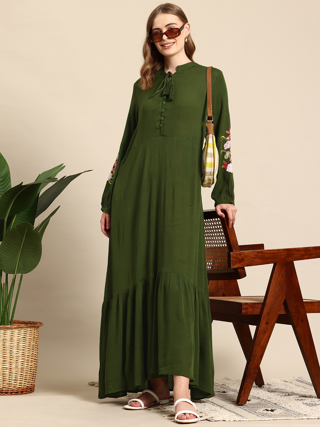

Mast & Harbour Tie-Up Neck Puff Sleeve Tiered Maxi Dress, Green