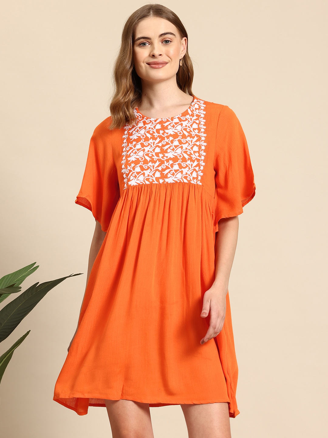 

Mast & Harbour Embroidered Flared Sleeve A-Line Dress, Orange