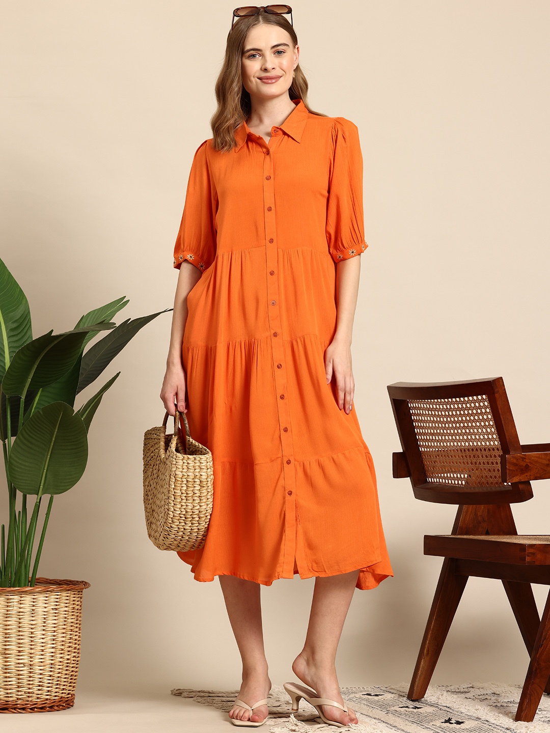 

Mast & Harbour Puff Sleeve Tiered Shirt Maxi Dress, Orange