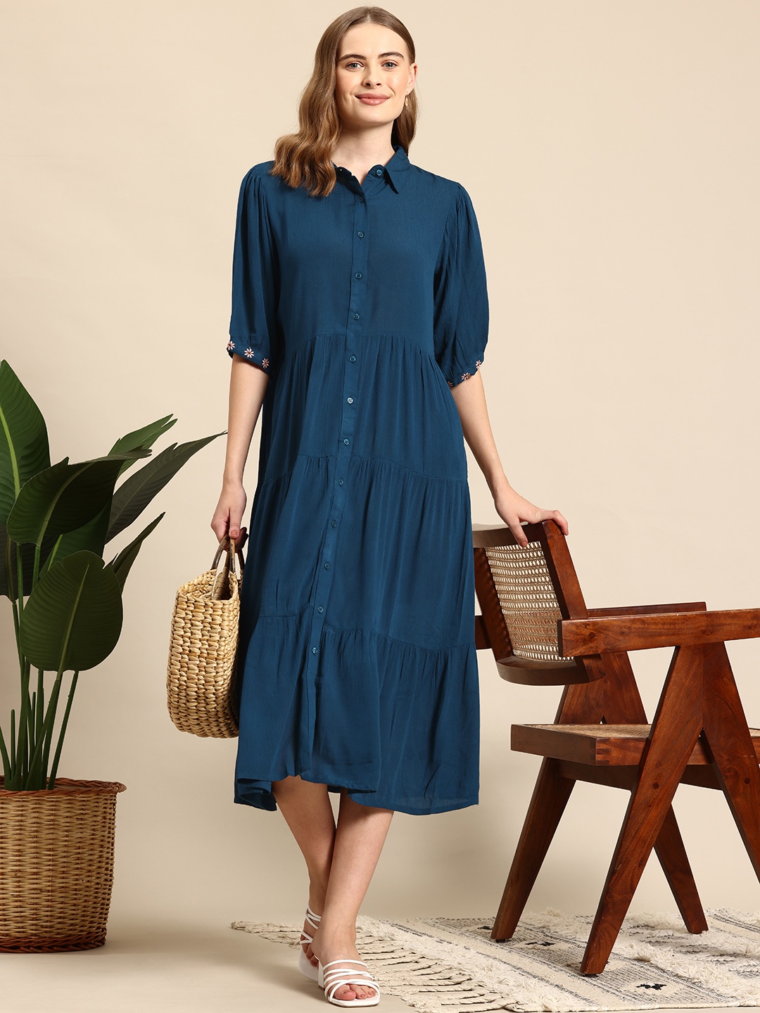 

Mast & Harbour Puff Sleeve Tiered Shirt Maxi Dress, Blue