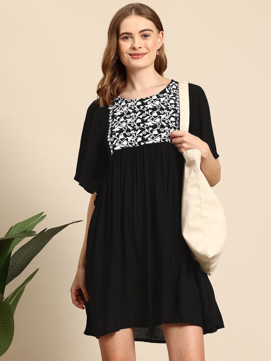 

Mast & Harbour Embroidered Flared Sleeve A-Line Dress, Black