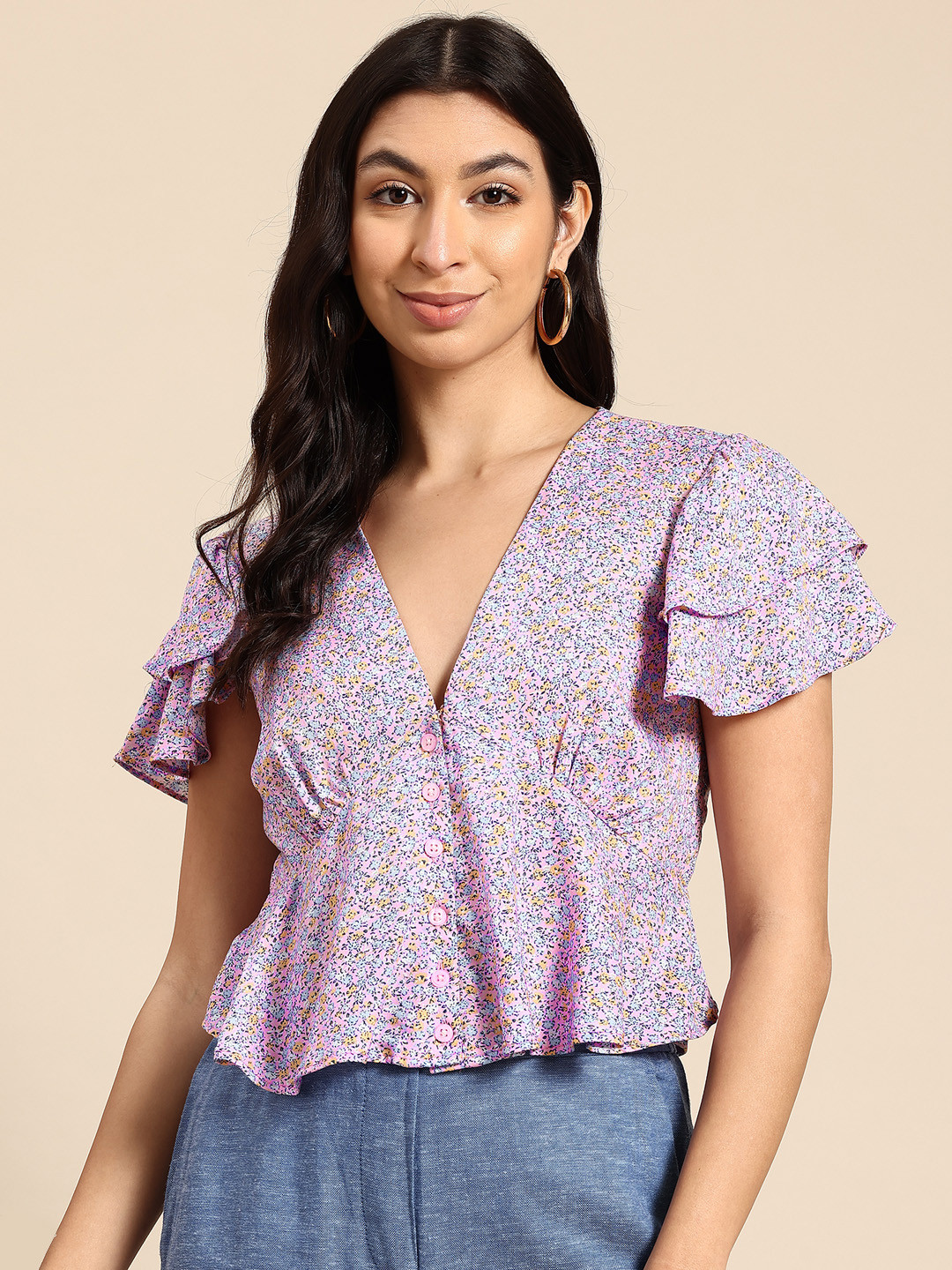 

Mast & Harbour Floral Print Flutter Sleeve Ruffled Empire Top, Pink