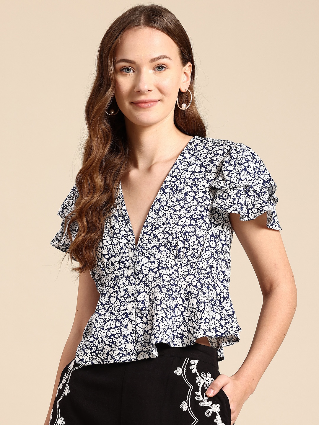 

Mast & Harbour Floral Print Flutter Sleeve Ruffled Top, Navy blue