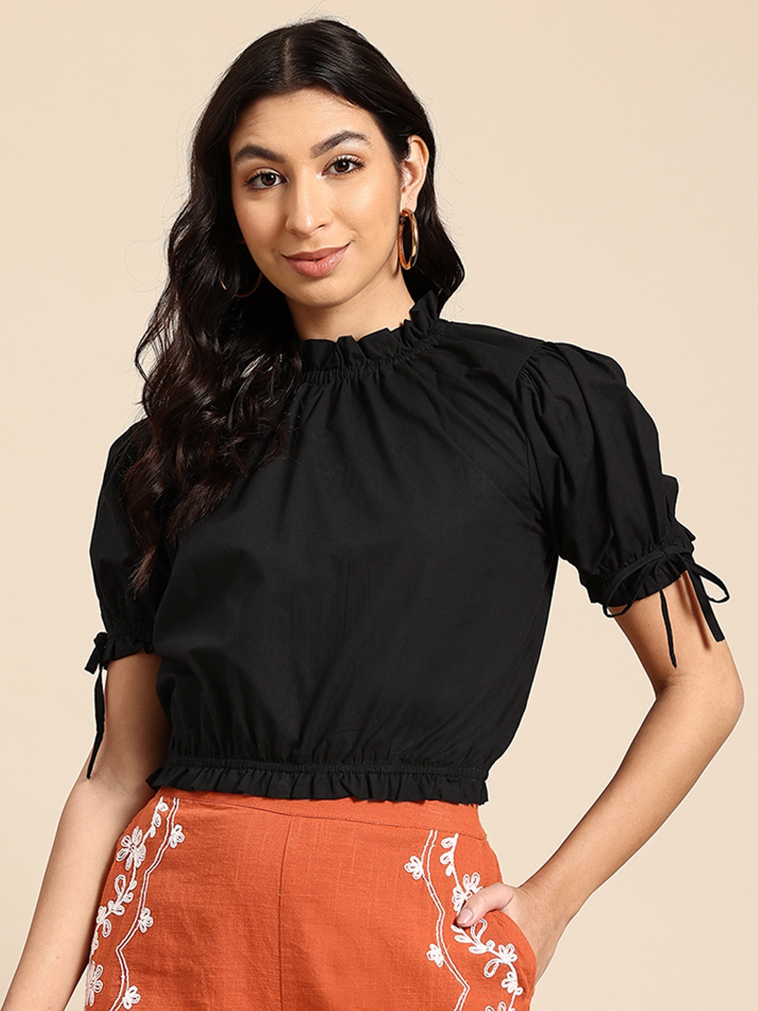 

Mast & Harbour Ruffled Cotton Blouson Top, Black