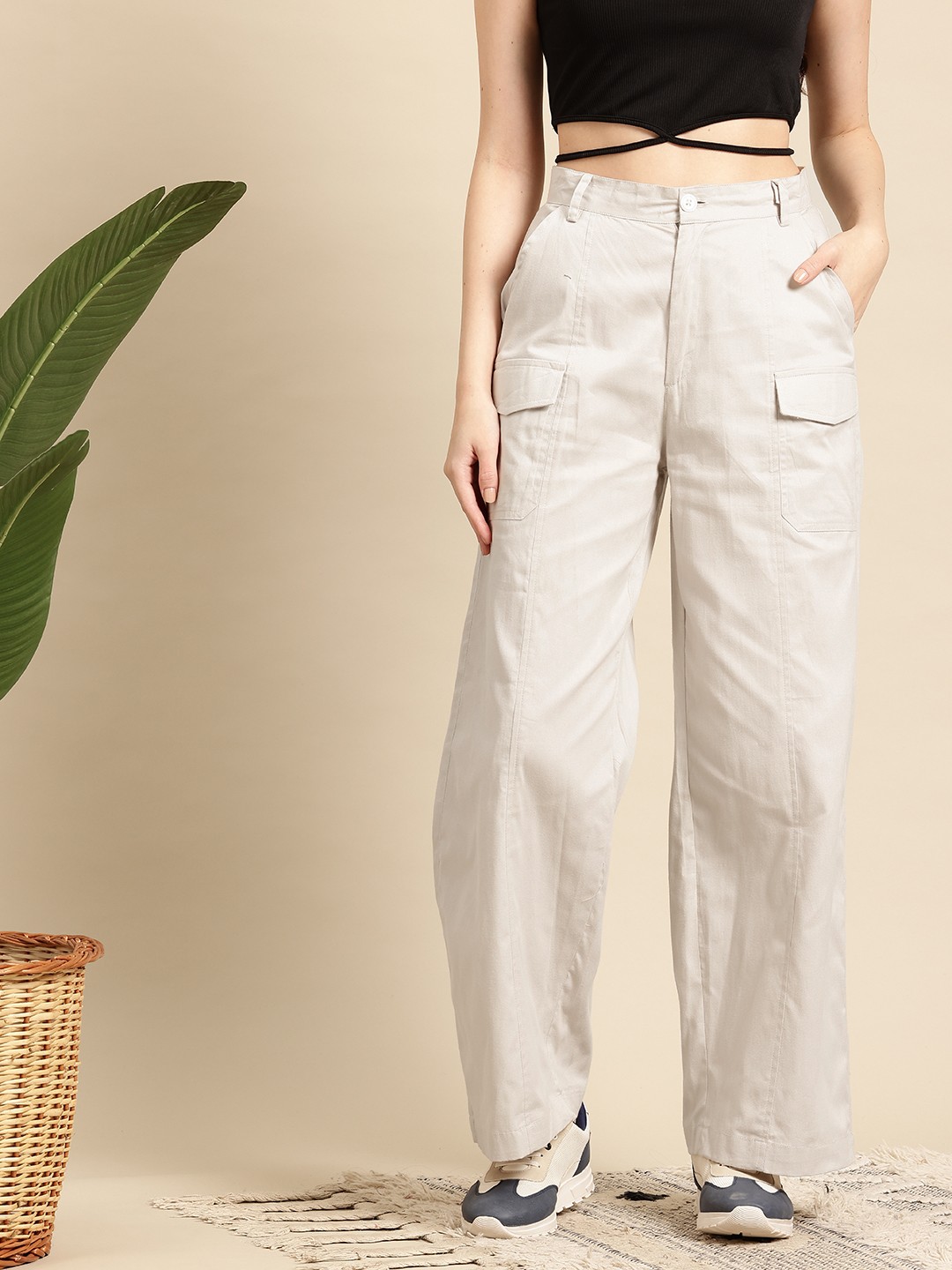

Mast & Harbour Women Pure Cotton Cargo Trousers, Cream