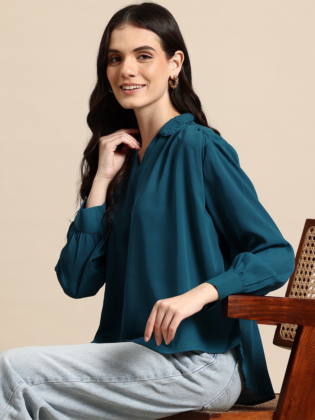 

Mast & Harbour Gathered & Pleated Regular Top, Teal