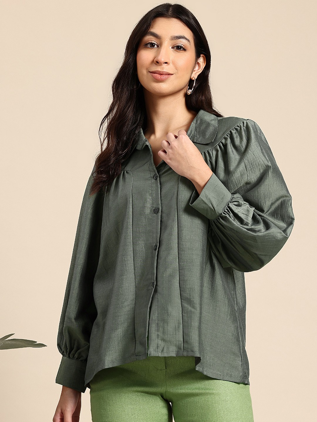 

Mast & Harbour Gathered Casual Shirt, Green