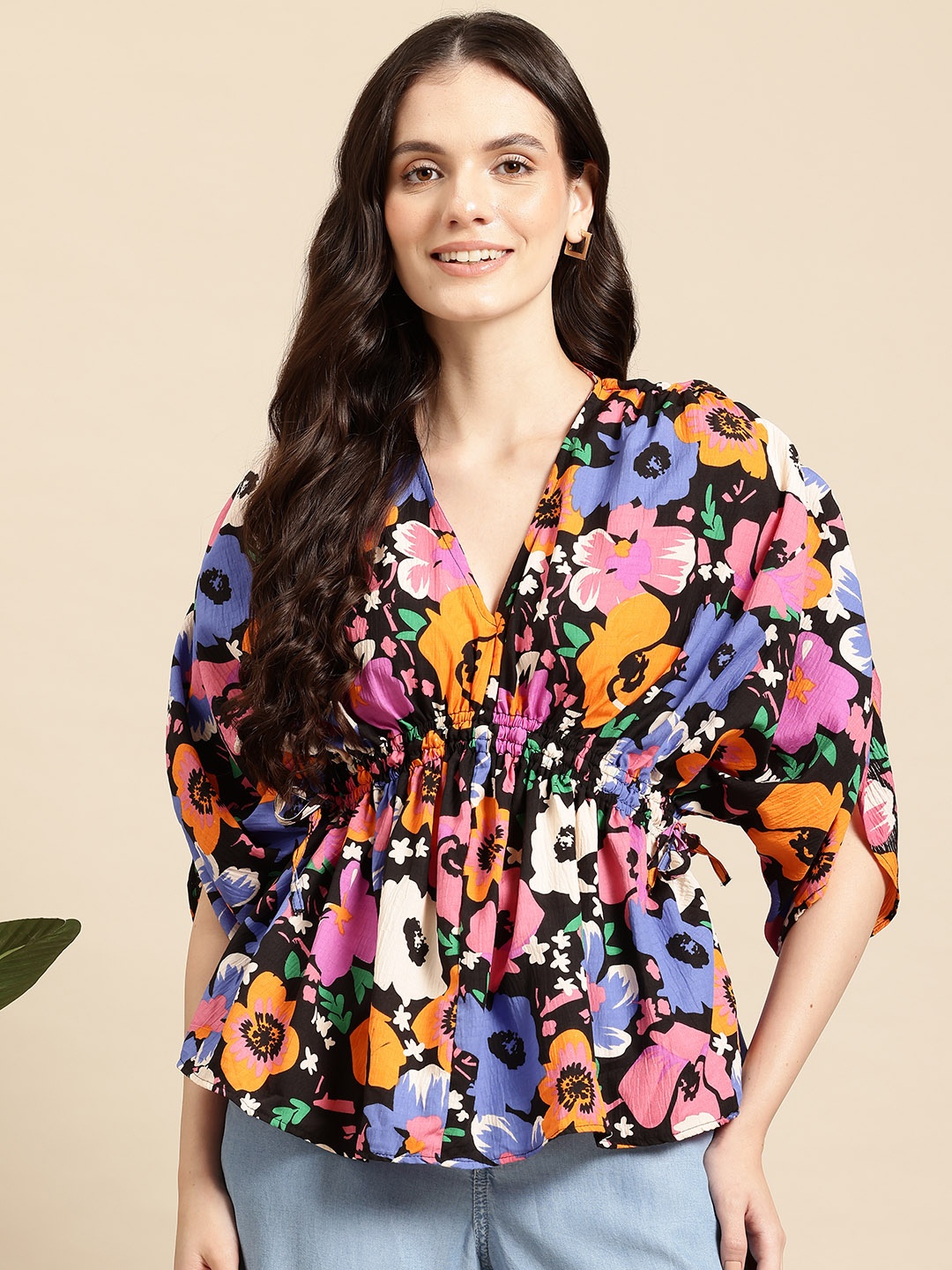 

Mast & Harbour Floral Print Extended Sleeves Cinched Waist Top, Multi