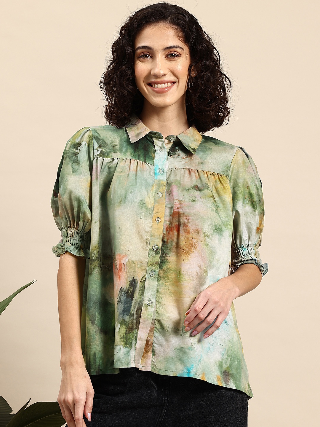 

Mast & Harbour Puff Sleeve Printed Casual Shirt, Green