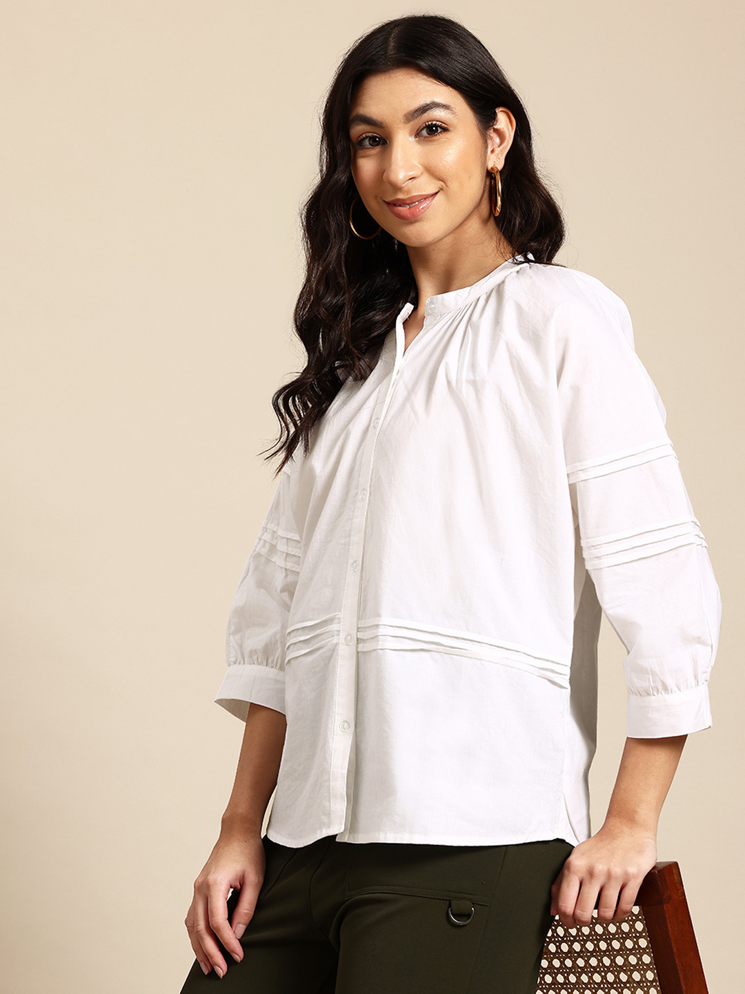 

Mast & Harbour Mandarin Collar Cotton Shirt Style Top, White