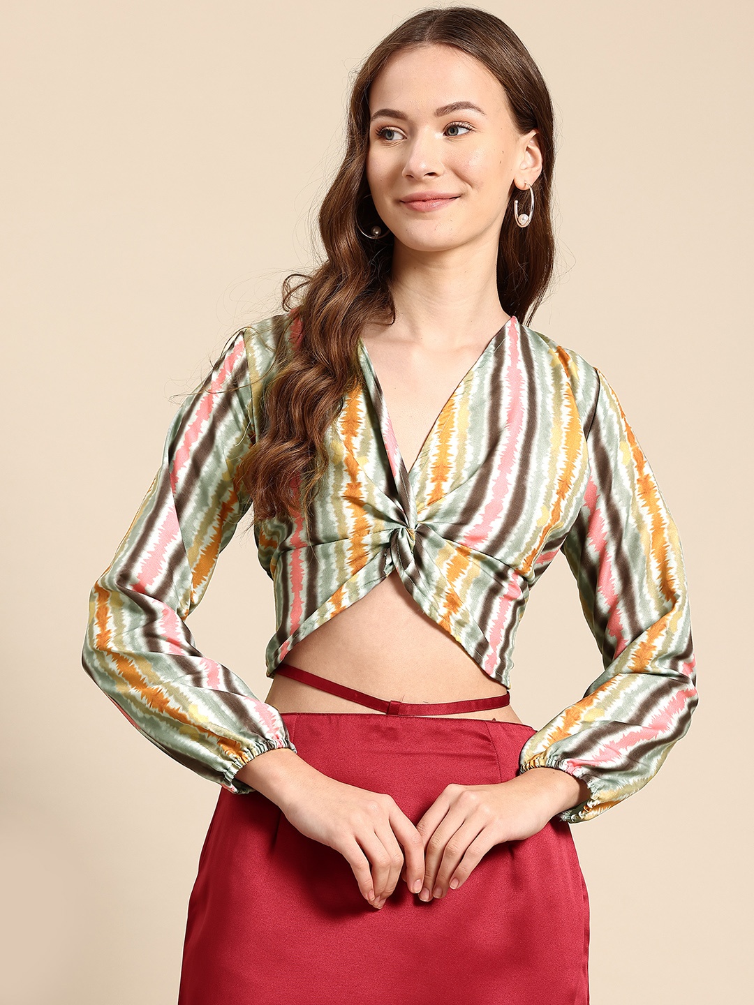 

Mast & Harbour Puff Sleeve Twisted Smocked Blouson Crop Top, Multi