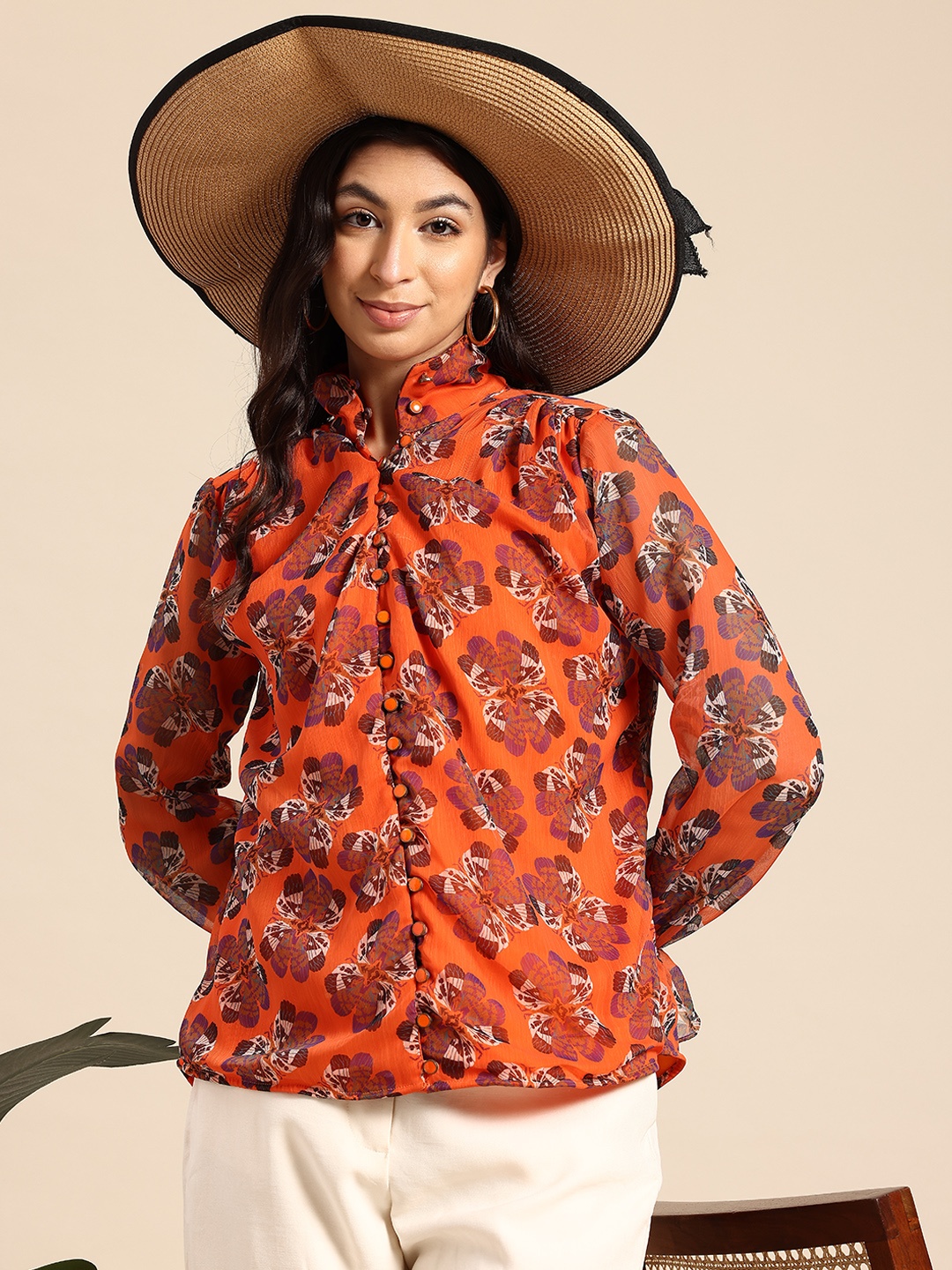 

Mast & Harbour Floral Print Puff Sleeve Shirt Style Top, Orange