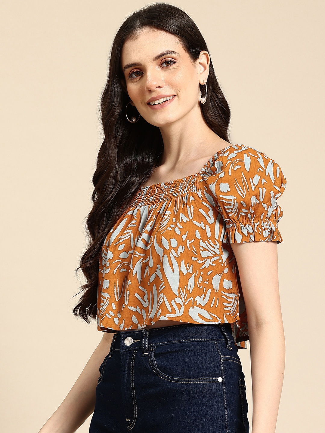 

Mast & Harbour Printed Puff Sleeve Top, Orange