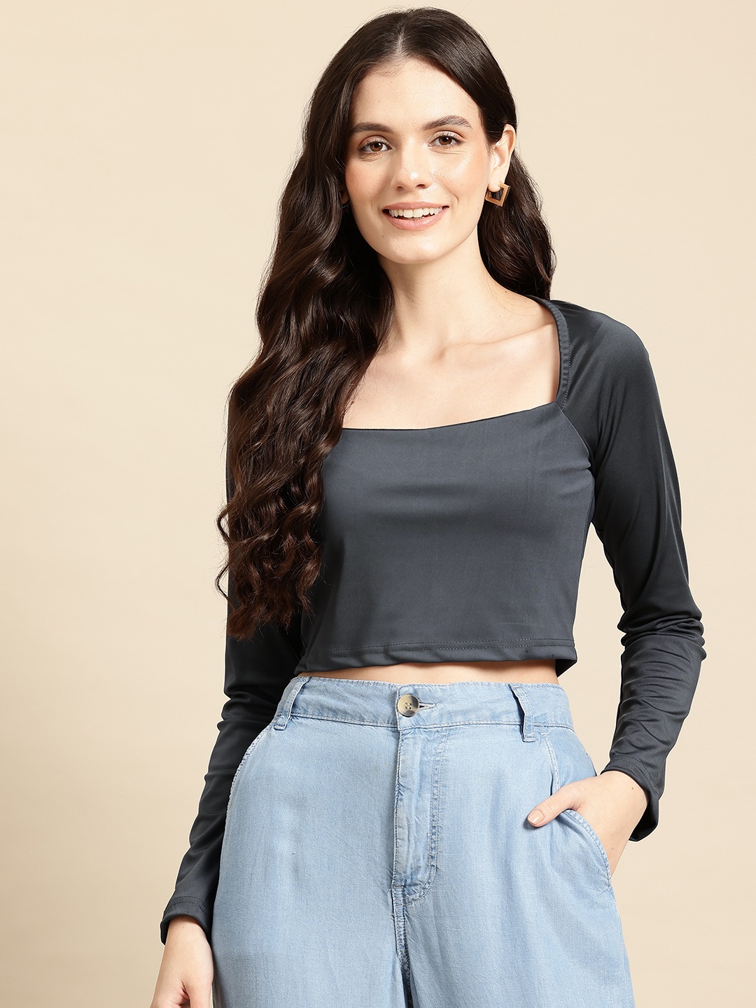 

Mast & Harbour Square Neck Crop Top, Charcoal