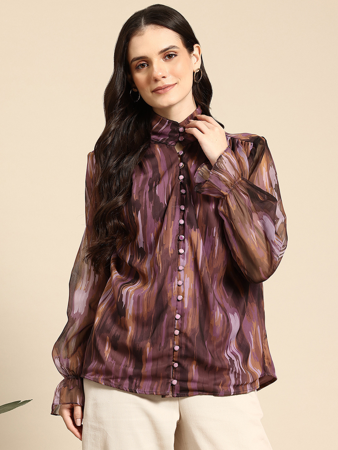 

Mast & Harbour Printed Bell Sleeve Shirt Style Top, Mauve