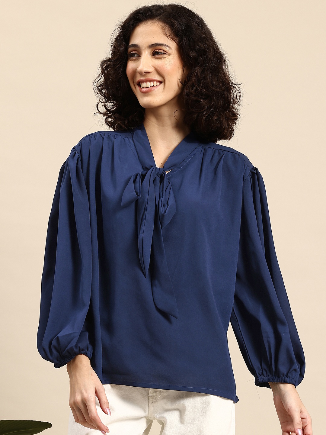 

Mast & Harbour Tie-Up Neck Puff Sleeves Top, Navy blue