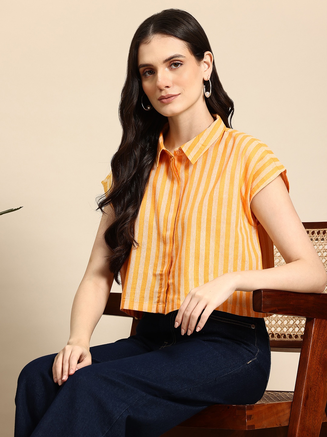 Mast & Harbour Striped Pure Cotton Shirt, Yellow