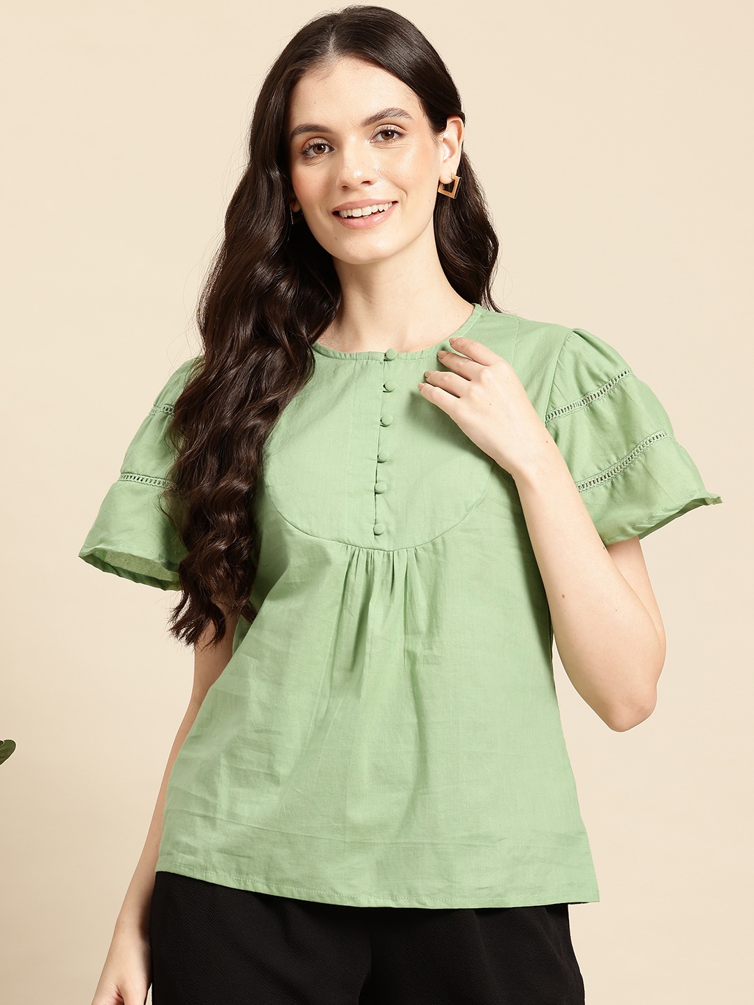 

Mast & Harbour Flared Sleeves Pleated Crochet Inserts Cotton Top, Green