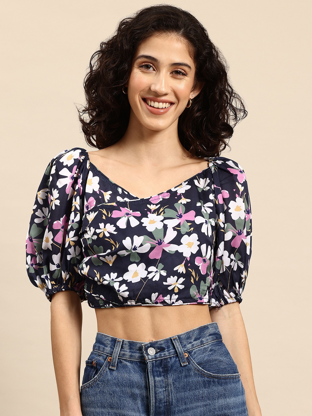 

Mast & Harbour Printed Crop Top, Navy blue