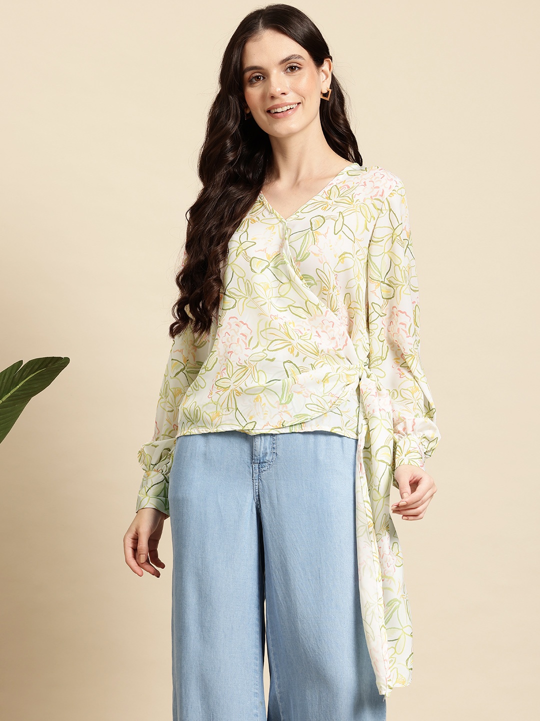 

Mast & Harbour Floral Print Tie-Up Wrap Top, Green