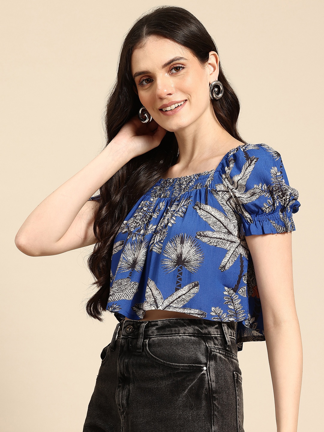

Mast & Harbour Floral Print Puff Sleeve Top, Blue