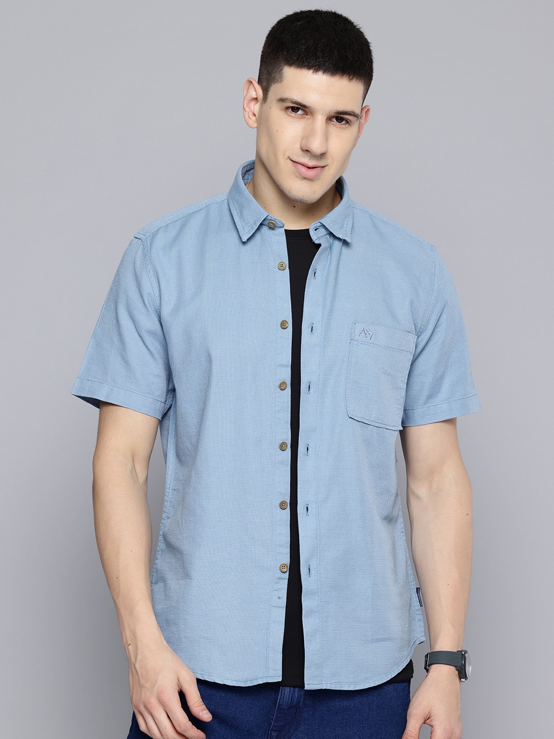 

Aeropostale Pocket Detail Textured Pure Cotton Shirt, Blue